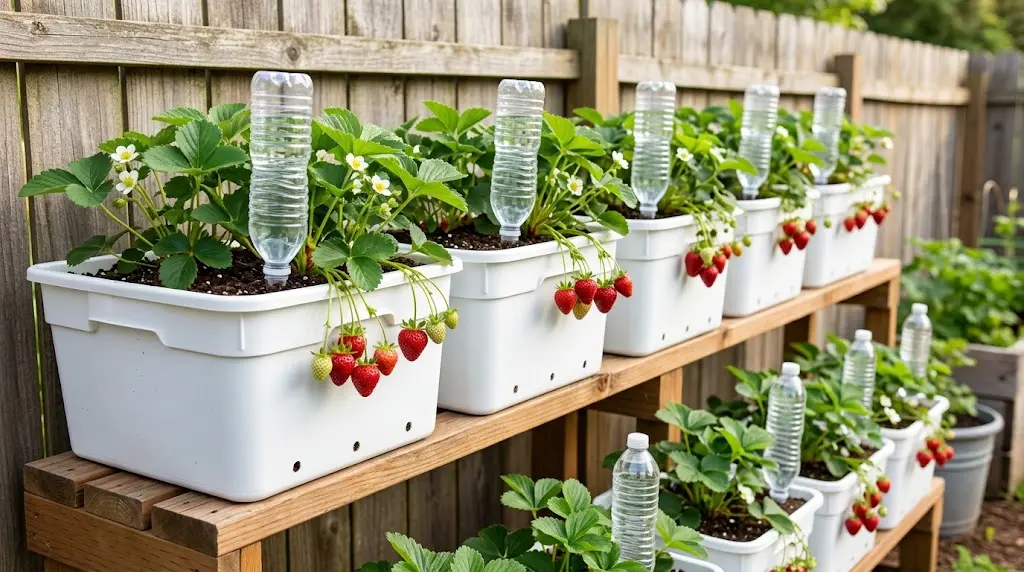 DIY Strawberry Bottle Planter: Simple Watering Setup